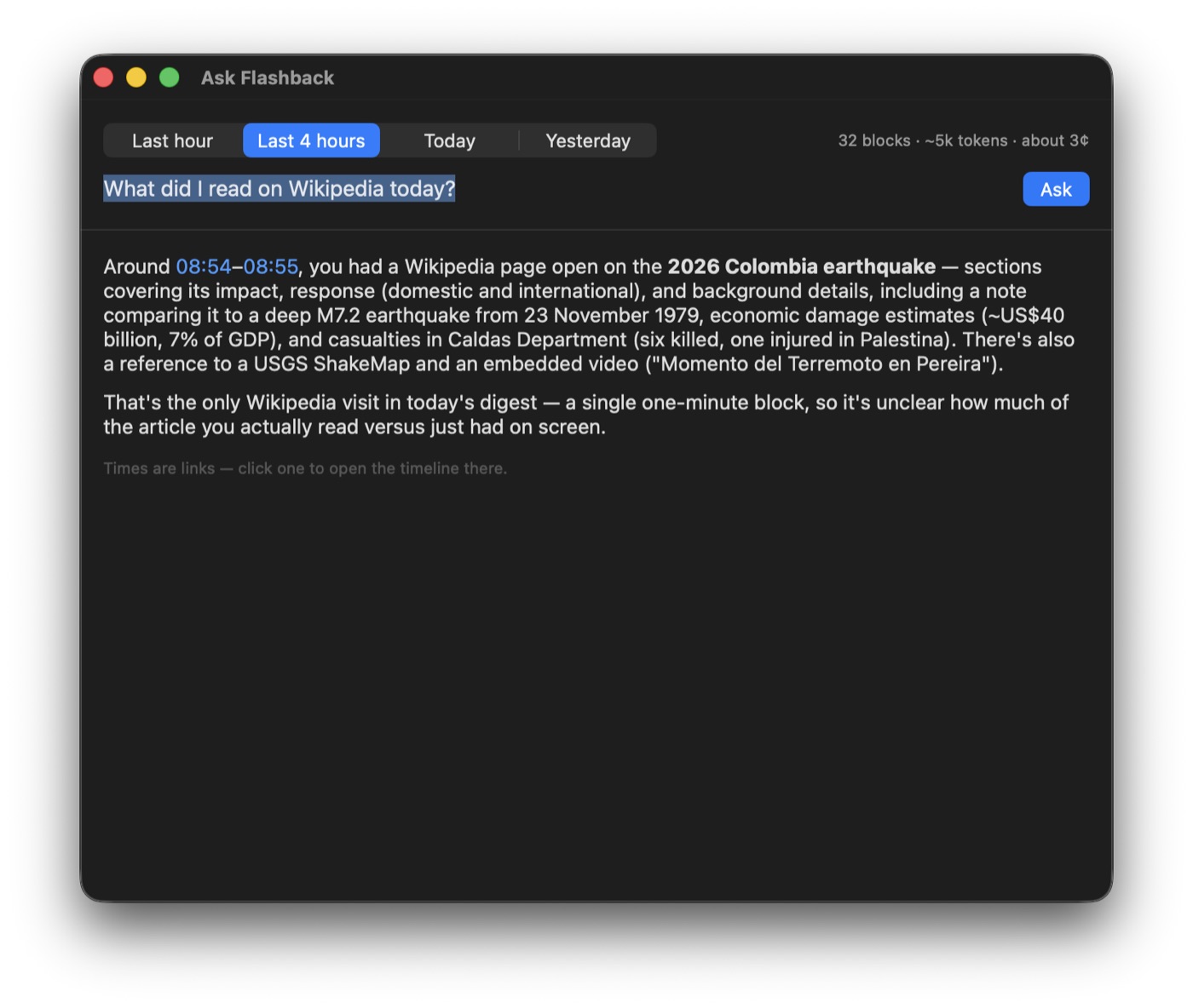 The Ask Flashback window answering the question 'What did I read on Wikipedia today?' in prose, with the times in the answer rendered as links back into the timeline.