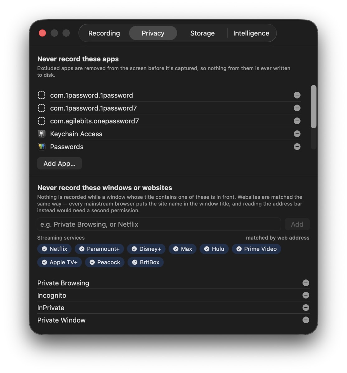Settings, Privacy tab: a list of apps that are never recorded, including 1Password and Keychain Access, and a set of streaming services blocked by web address.