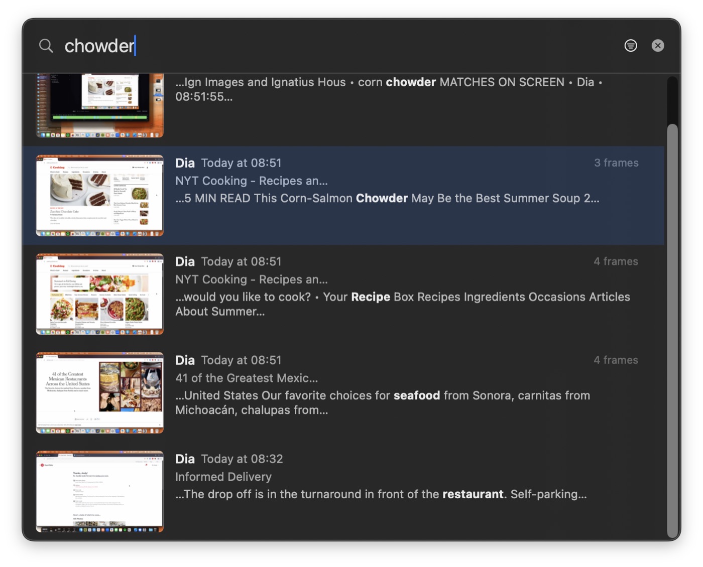 Flashback's search panel, showing thumbnail results for the word chowder across several moments.