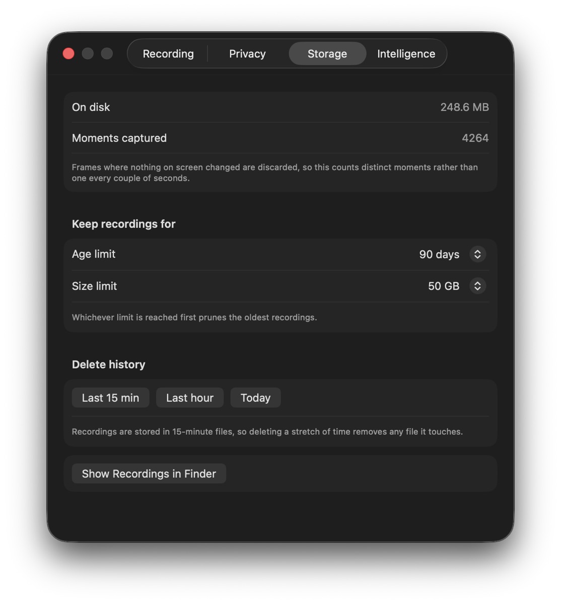 Settings, Storage tab: disk used, moments captured, age and size limits, and buttons to delete the last fifteen minutes, the last hour, or today.