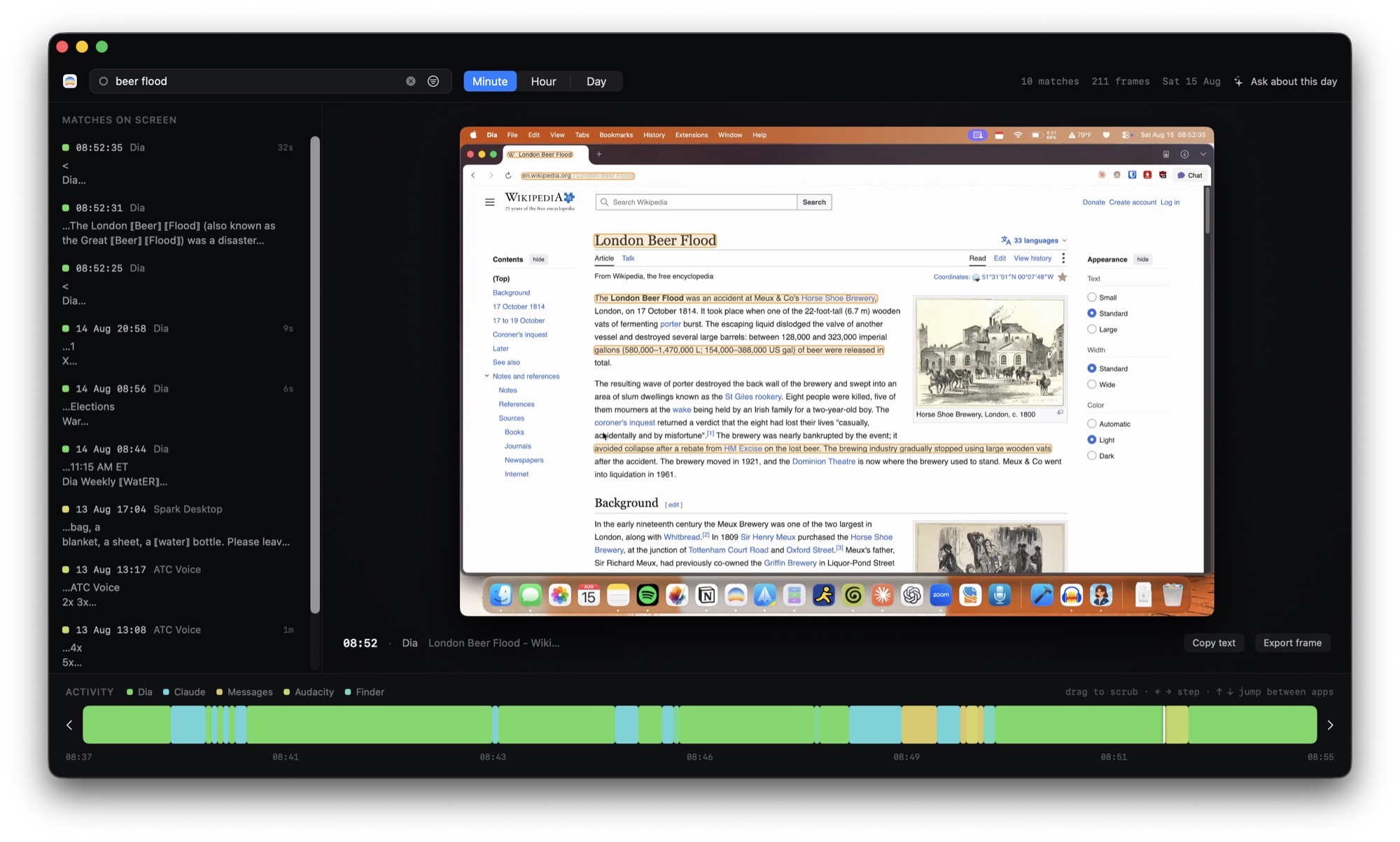 The Flashback timeline: a list of matches for 'beer flood' on the left, a recovered full-size screenshot of a Wikipedia article in the middle, and a colour-coded activity bar along the bottom.